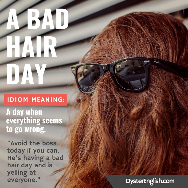 Image of a woman's hair combed completely covering her face with sunglasses on top with a sentence example: "Avoid the boss today if you can. He's having a bad hair day and is yelling at everyone."
