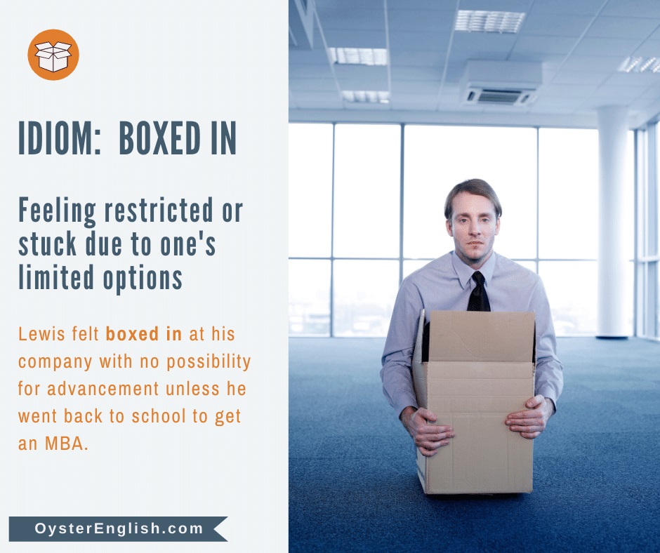Man sitting inside a box illustrates the concept of the idiom that being boxed in feels as if you are restricted with limited options.