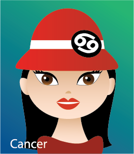Illustration of head shot of a female  wearing a helmet like a crab (representing Cancer)