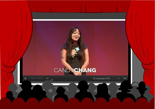 Candy Chang speaking on stage in front of audience