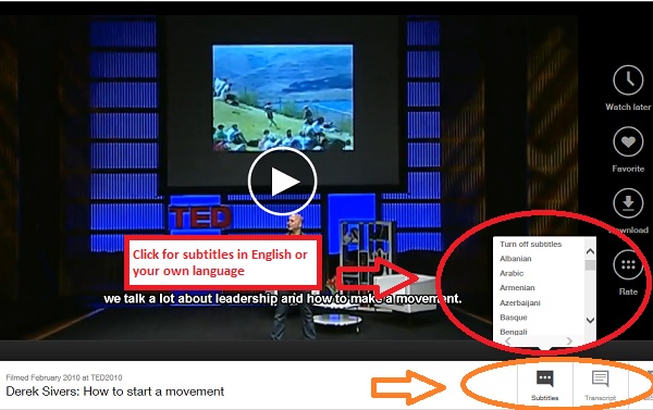 Screenshot showing how to access the subtitles on the YouTube video and display them in English as well as other languages.