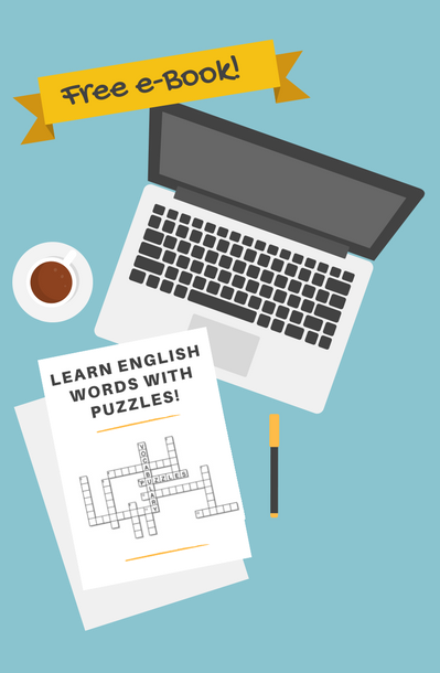 Illustration of a laptop, sheets of paper with crossword puzzles and a coffee cup with the advertisement "free e-book" learn English words with puzzles.