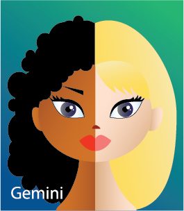 Illustration of a head shot of a female with two faces: one half brown with dark features and other other half white with blonde hair (representing Gemini - twins)