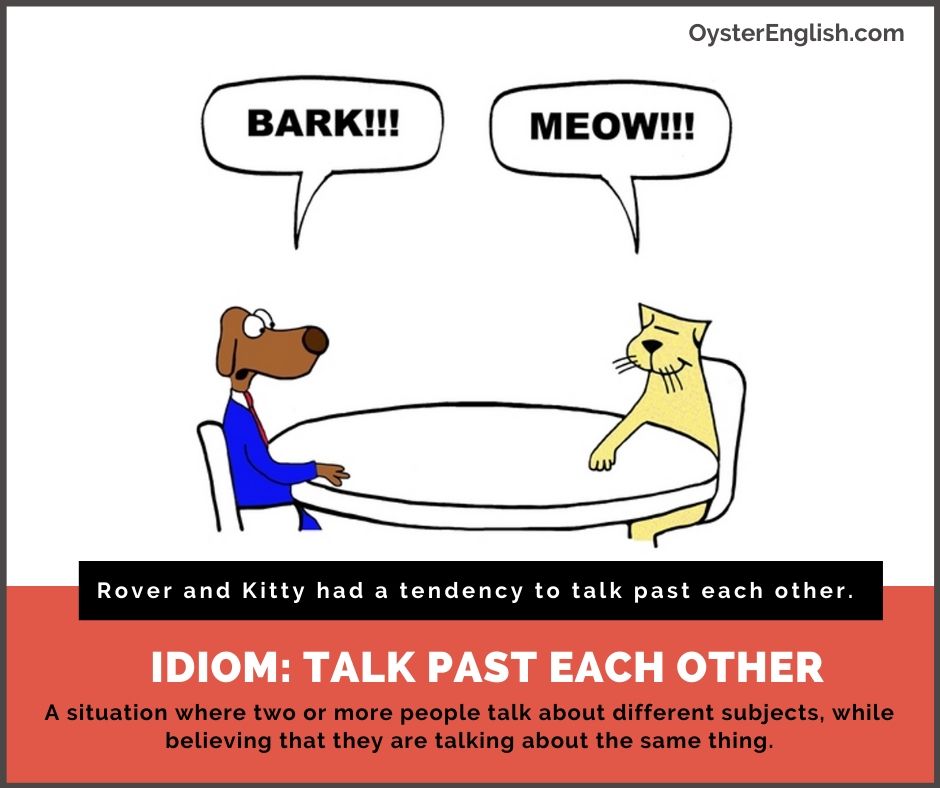 Image depicting the idiom "talk past each other" with a dog saying woof and a cat saying meow sitting at a table. The caption says, Rover and Kitty had a tendency to talk past each other.