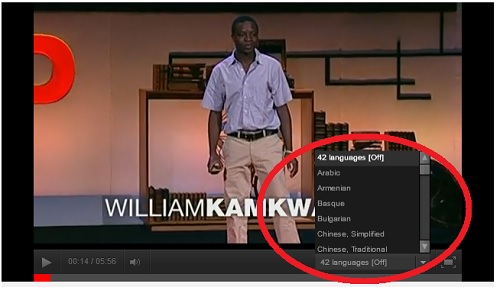 Screenshot showing how to access subtitles in different languages by clicking on the gear in the lower right-hand corner of the video player.