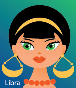 Illustration of head shot of a female  wearing two huge earrings in the shape of scales (representing Libra)