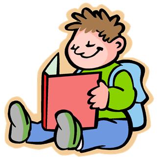 A boy is sitting down reading a book.