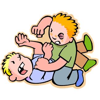 Two boys are wrestling and punching each other in a fight