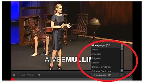 Screenshot showing how to access the subtitles on the YouTube video and display them in English as well as other languages.