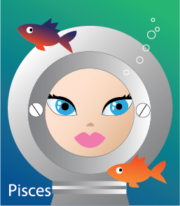 Illustration of head shot of a female underwater wearing a protective water helmet she can see through with fish circling around (representing Pisces)