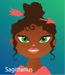 Illustration of head shot of a female with an arrow holding up the bun of her hair (representing Sagittarius - the archer)