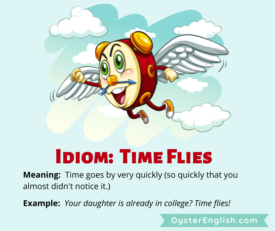 An illustration of a cartoon clock with wings flying through the sky. The definition of time flies and a sentence example are provided.