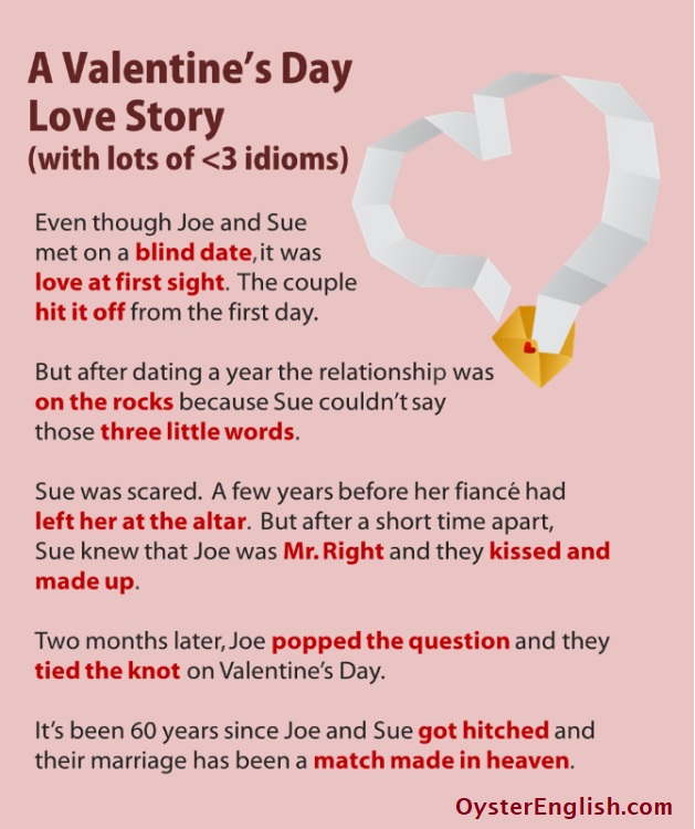 A Valentine's Day short story with eleven idioms and an image of a heart-shaped stream of paper coming out of an envelope.