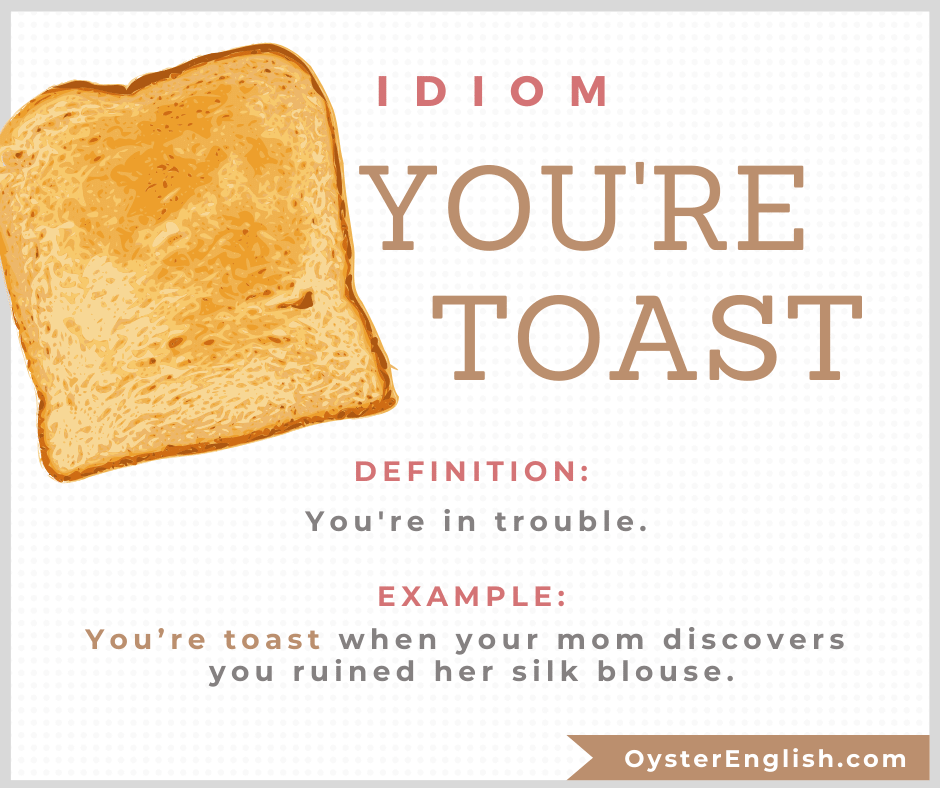A piece of toasted bread and the definition and example of the idiom "your're toast" (which means you're in trouble)