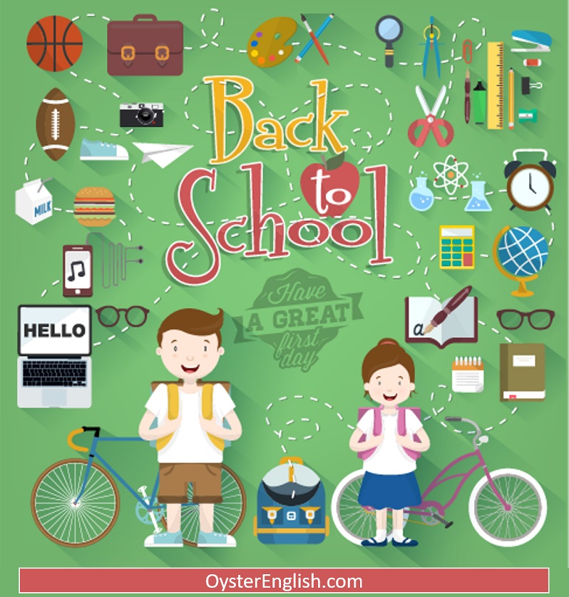 A back to school collage with two schoolchildren surrounded by many different school supplies