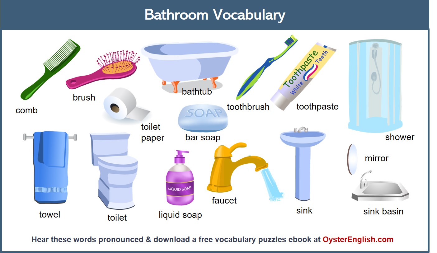 A collage of the bathroom vocabulary items listed on this page