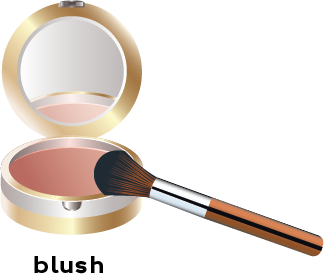 Image of a mirrored compact filled with blush and a brush to apply blush.