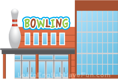 Illustration of the outside of a bowling alley building
