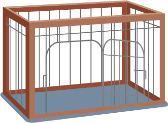 Illustration of a pet cage with a wooden and wire frame.
