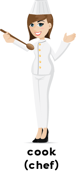 Illustration of a chef in a uniform holding a wooden spoon