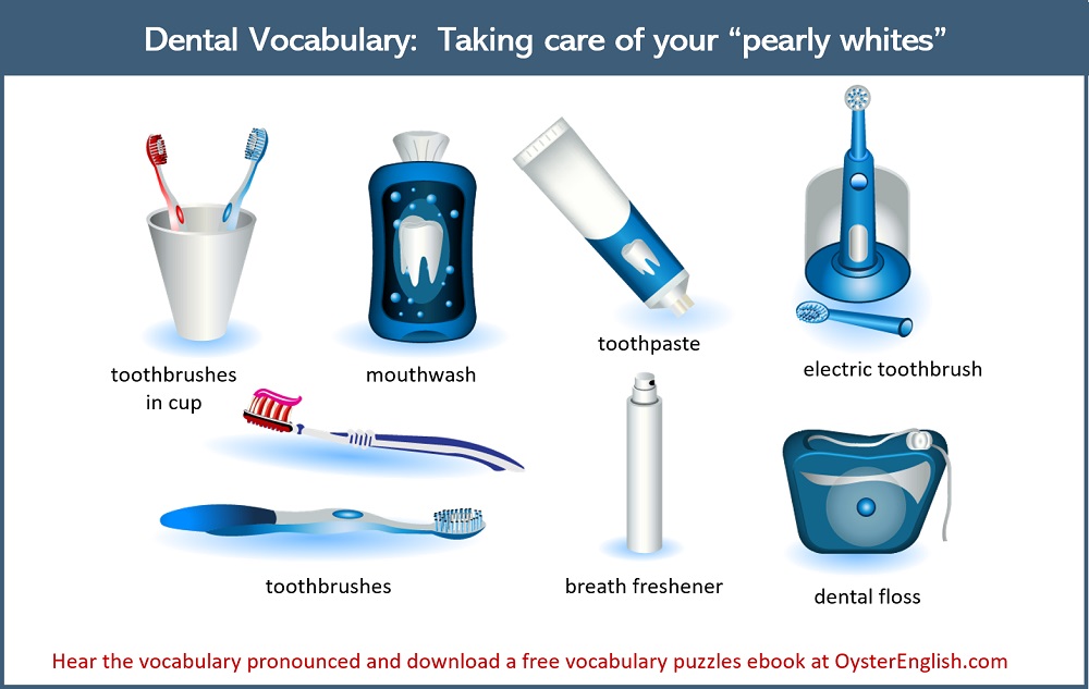 Collection of five dental vocabulary words. The heading says "taking care of your pearly whites"