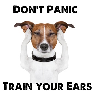 A white and brown Jack Russell dog covering his ears and closing his ears as if in distressed. Captioned "Don't Panic. Train your ears."