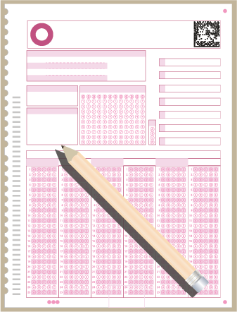 Illustration of a blank multiple choice exam answer sheet and pencil