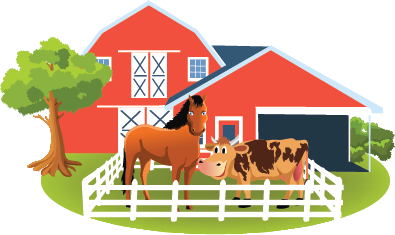 Image of a farm with barn and horse and cow in the barn yard