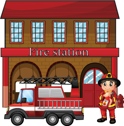 Illustration of a fire station with fireman and fire truck