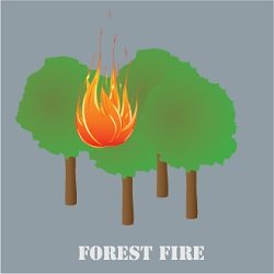 forest fire icon with four trees and a flame