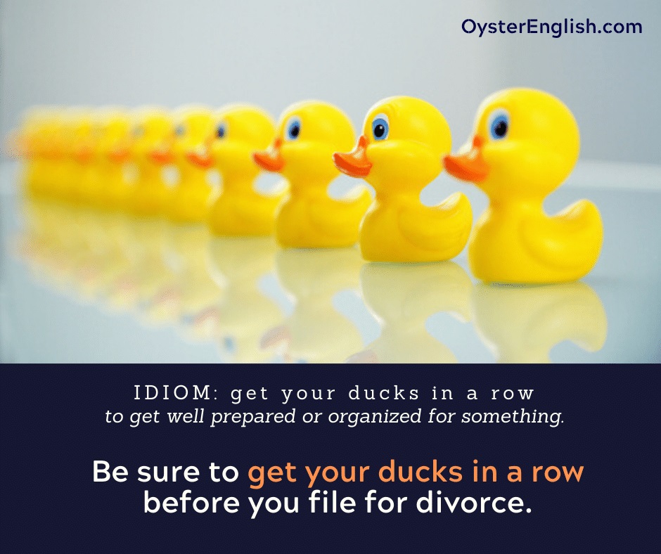 An image of many rubber ducks in a row with the idiom definition and example - Be sure to get your ducks in a row before you file for divorce.