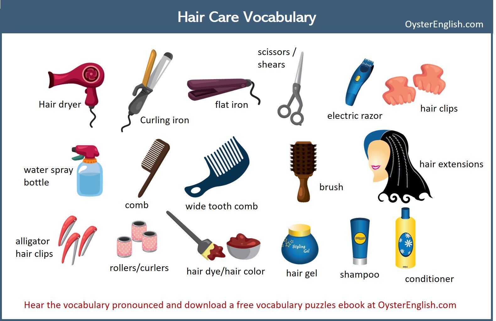 A collage of the hair care vocabulary icons and words featured on this page.