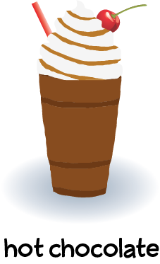 Illustration of a hot chocolate drink with whip cream, chocolate sauce and a cherry.
