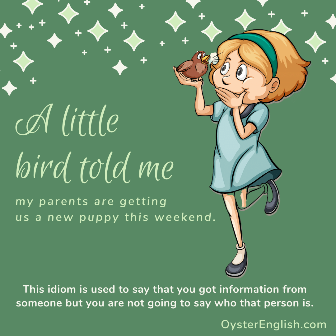 A little bird is whispering into a cartoon girl's ear:  A little bird told me my parents are getting us a new puppy this weekend.