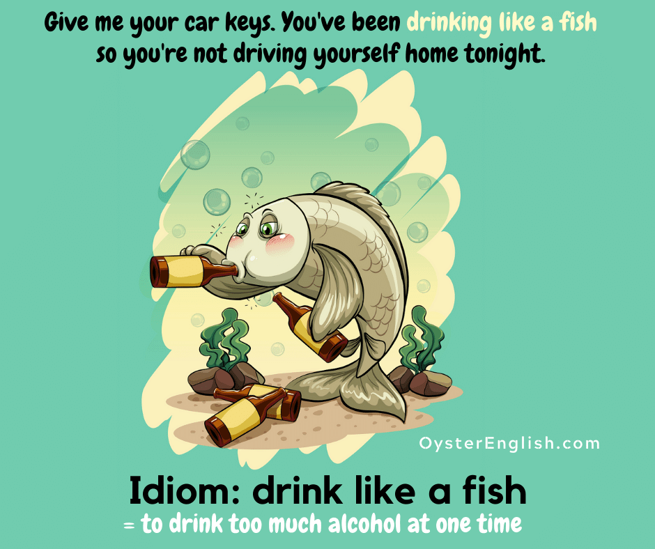 A drunk cartoon fish is drinking several bottles of beer. Caption: Give me your car keys. You've been drinking like a fish so you're not driving yourself home tonight.