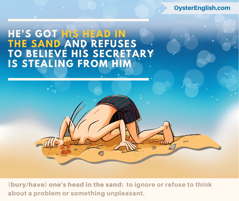 Cartoon of man in swimsuit on the beach with his head burried inside the sand. "He's got his head in the sand and refuses to fire his secretary who stealing from him."