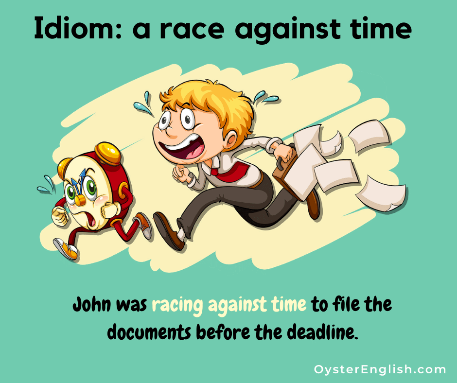 Illustration of a cartoon businessman running after a clock. Papers are flying out of his briefcase: John was racing against time to file the documents before the deadline.