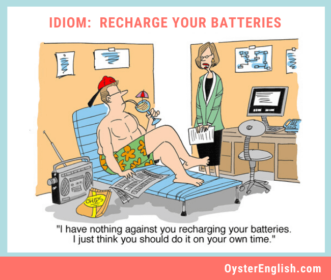 A man sits in a beach chair in his swimsuit drinking a cocktail in his office. His boss says: I have nothing against you recharging your batteries, I just think you should do it on your own time.