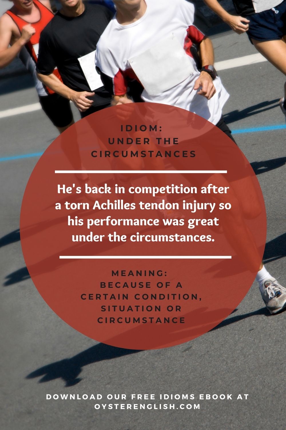 Image of runners in a road race and definition of "under the circumstances." Caption: He's back in competition after a torn Achilles tendon injury so his performance was great under the circumstances.