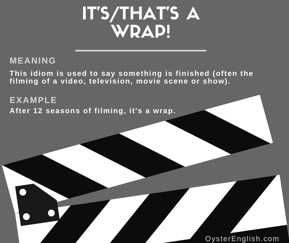 A visual of a filming clapperboard with the definition of the idiom "that's a wrap" and a sentence example: After 12 seasons of filming, it's a wrap.