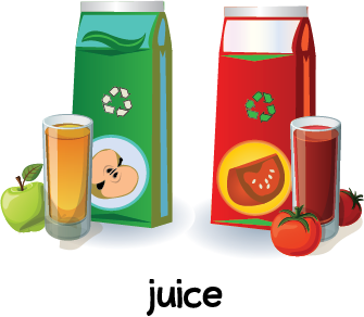Illustration of two cartons of juice and glasses filled with apple juice and tomato juice.