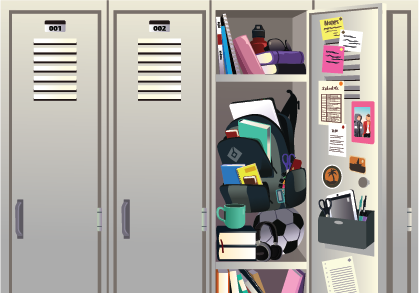 Image of a row of lockers. One is open and has three shelves filled with books, a backpack and papers.