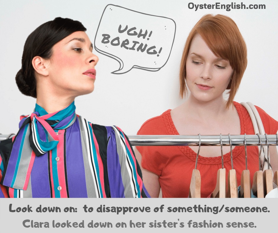 Woman in fancy blouse with her nose turned upward looks at her sister with contempt. The sister's wearing a plain blouse and shopping. Caption: Clara looked down on her sister's fashion sense.