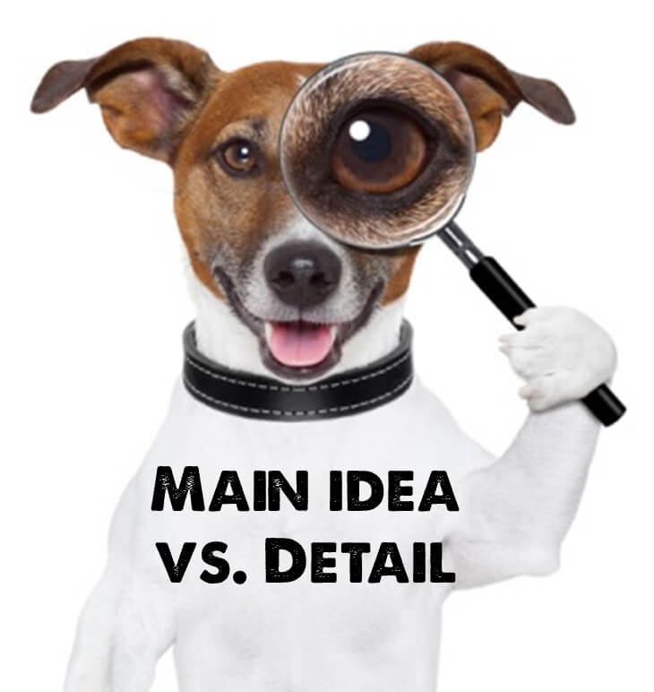 A dog looks through a magnifying glass: Main idea vs detail