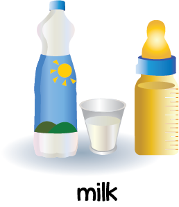 Illustration of a carton, glass and baby bottle filled with milk