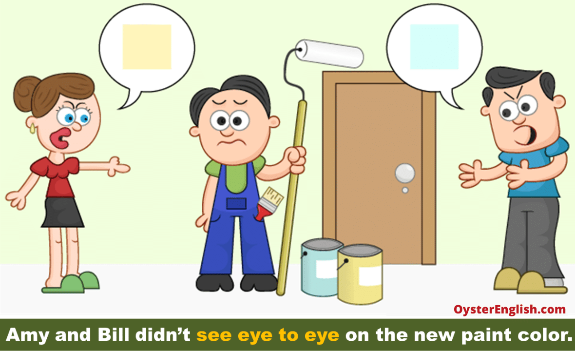 A confused painter stands between a wife who wants the walls painted yellow and a husband who wants them to be painted blue. Caption: Amy and Bill didn't see eye to eye on the new paint color.
