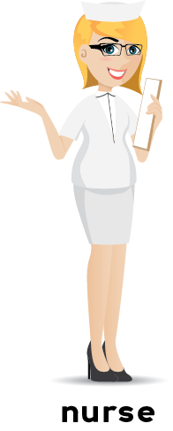 Illustration of a female nurse in a white uniform holding a clipboard