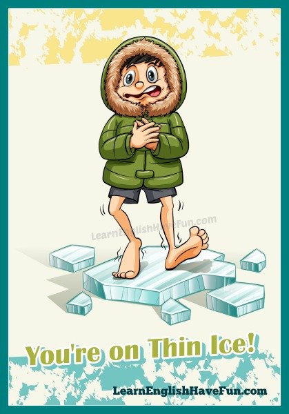 A cartoon man wearing a winter parka walking on a broken piece of ice.