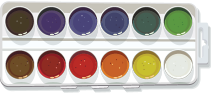 Illustration of a watercolor pan with different colored paints