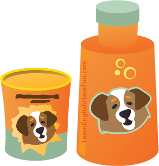 illustration of a bottle of dog shampoo and a container of flea powder